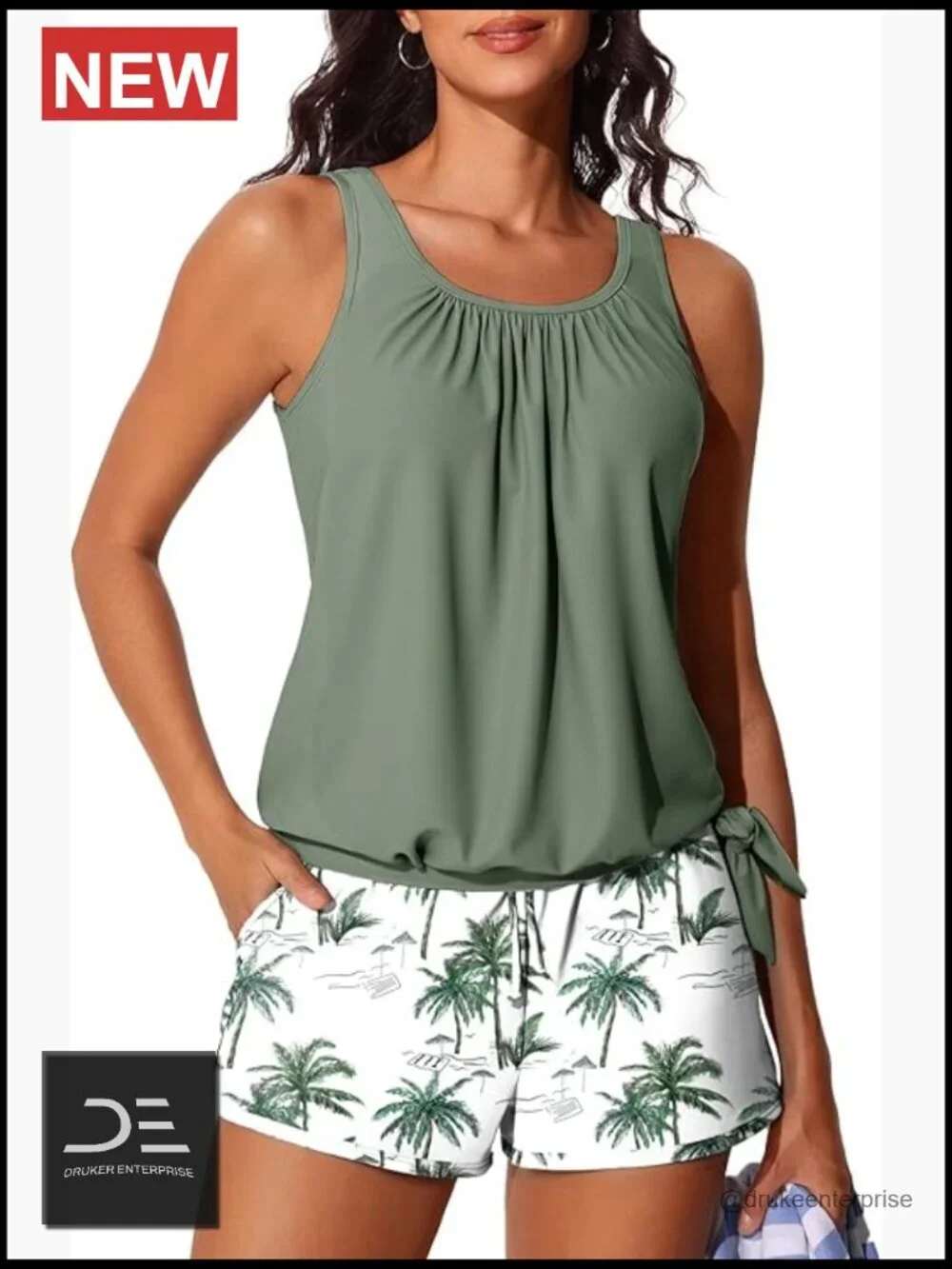 Blouson Tankini with Shorts Tummy Control Side Pockets High Stretch Nylon Blend